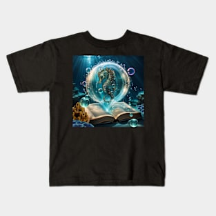 Cute seahorse comes out of a storybook Kids T-Shirt